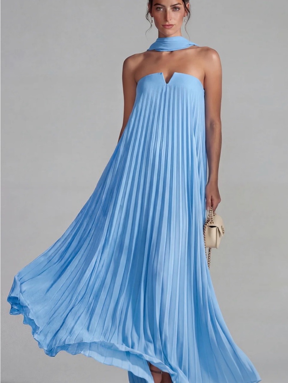Strapless Pleated Maxi Dress in Sky Blue